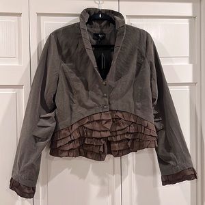 Anthropologie brown ruffled waist suede look blazer jacket
